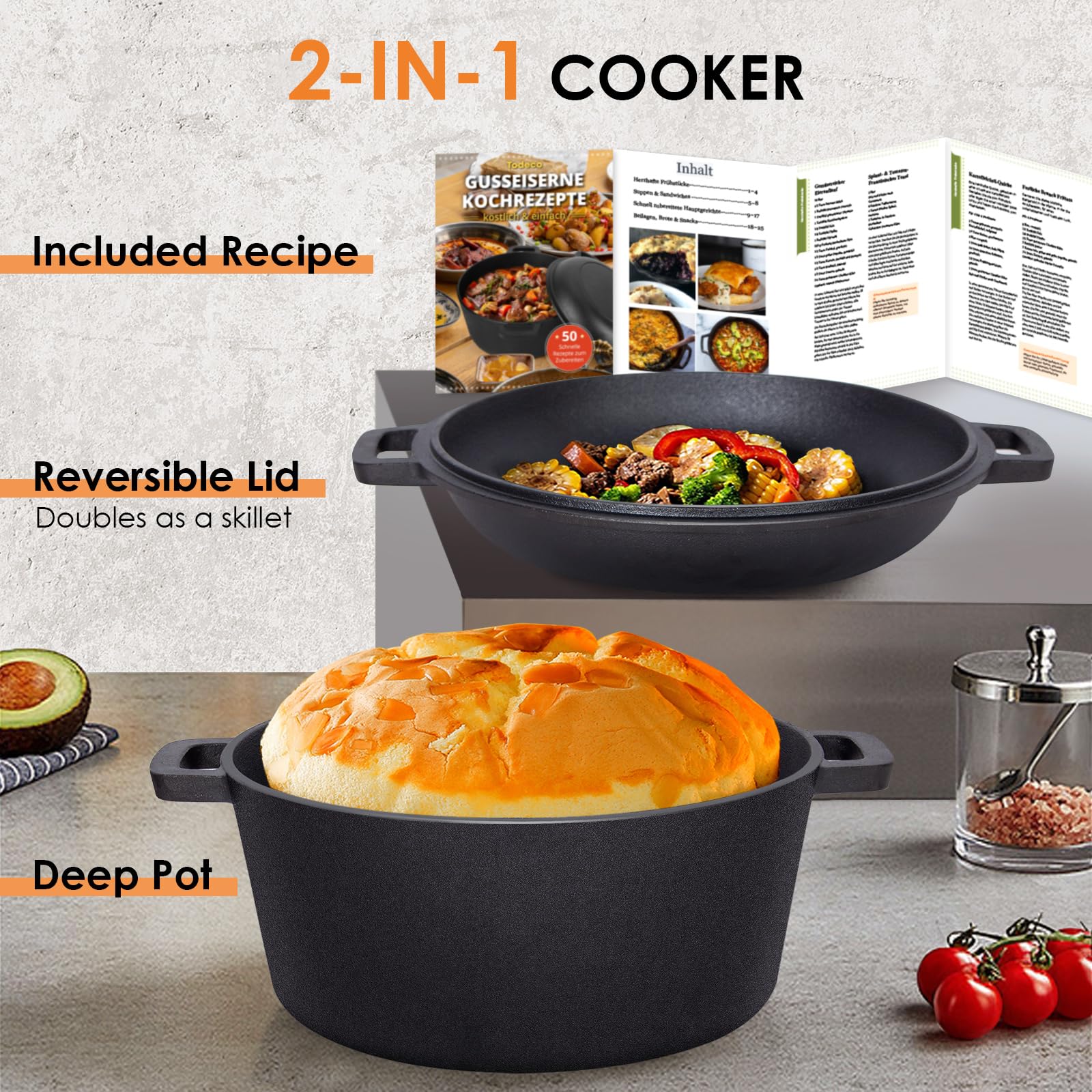 Todeco 2 en 1 Marmite en Fonte avec couvercle de poêle, 5L Dual Function Casserole en fonte avec recette pour cuisine, Pré-assaisonné, pour cuisine, camping, barbecue, rôtir ou braiser