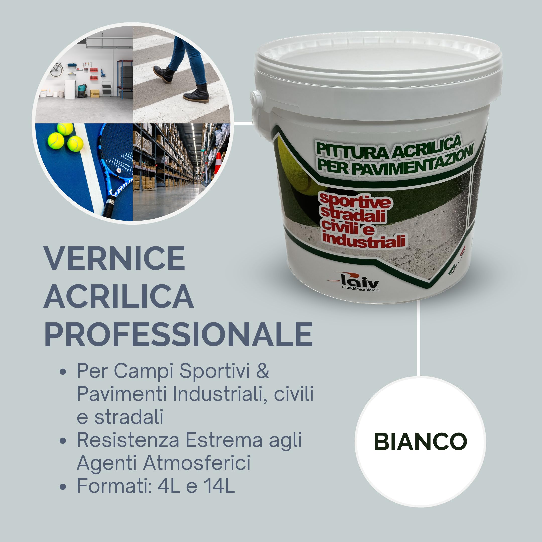 laiv Pittura Acrilica Versatile Per Pavimentazioni Sportive E Stradali Ideale Per Esterni E Interni Resistente a Condizioni Climatiche Estreme (BIANCO, 4 Litri)