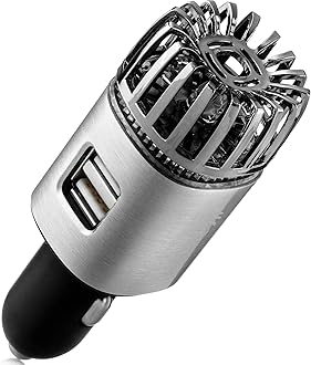 Car Air Purifier Ionizer - 12V Plug-in Ionic Anti-Microbial Car Deodorizer with Dual USB Charger - Smoke Smell, Pet and Food Odors, Allergens, Viruses Eliminator for Car (Matte Silver)