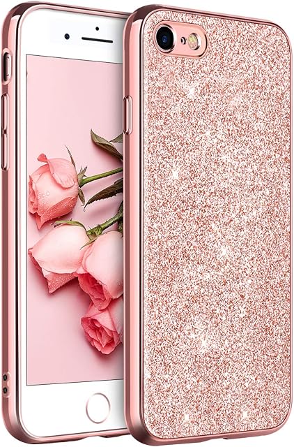 YINLAI iPhone SE 2020 Case,iPhone SE 2022 Case,iPhone 8 Case iPhone 7 Case Bling Glitter with Ring Holder Stand Protective Girls Women Phone Case for iPhone SE 3rd/SE 2nd/7/8,Rose Gold/Pink