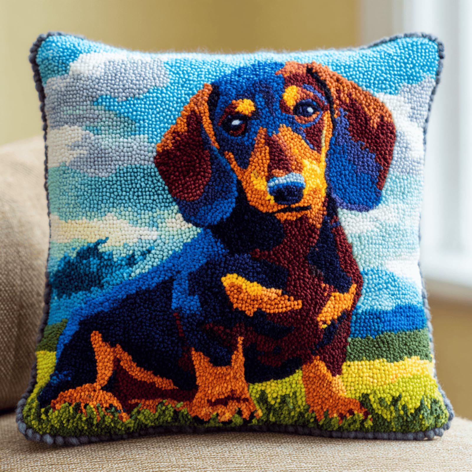 XDEGHUANGSS Latch Hook Cushion Kit,Animal Dachshund Pattern DIY Pillow Cover,Beginner Friendly Tufting Yarn Craft Kit,Handmade Sofa Cushion Cover,Latch Hook Pillow Kit for Home Decor & Gift,43x43 cm