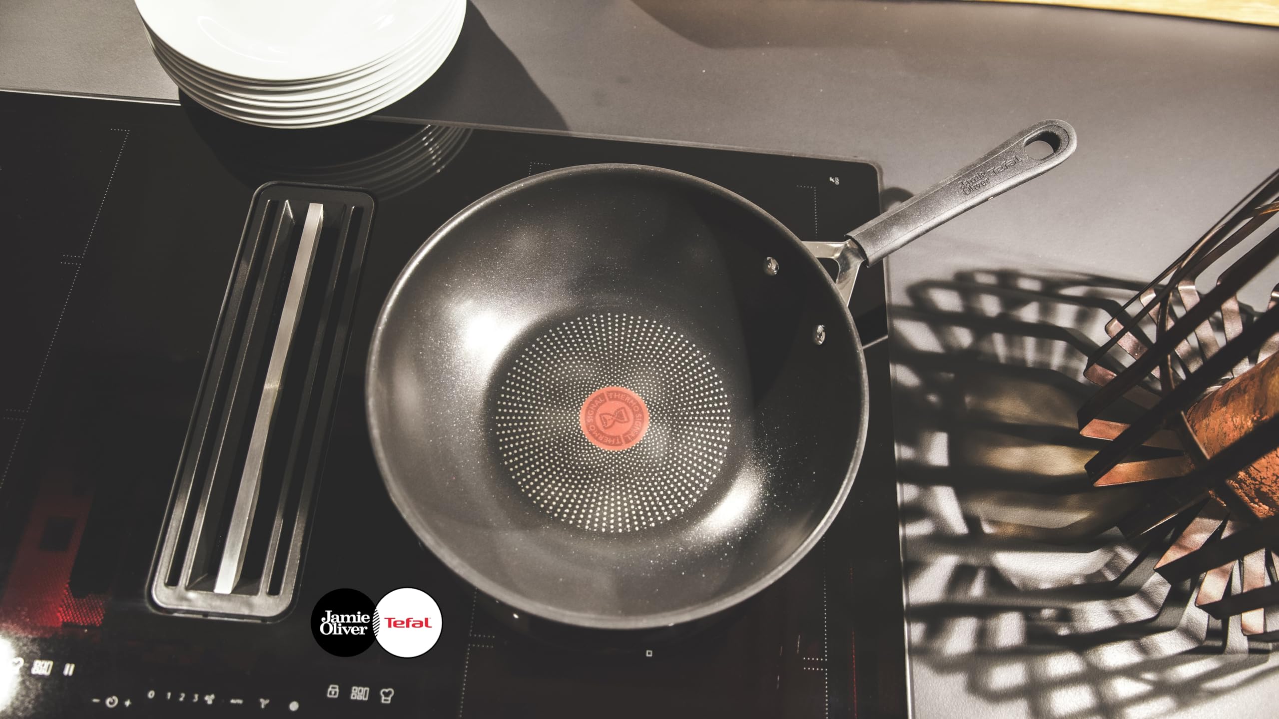 Tefal Jamie Oliver Wok 28 cm inducción, wok de acero inoxidable grande, antiadherente, borde alto, apto para horno, mango remachado, E30