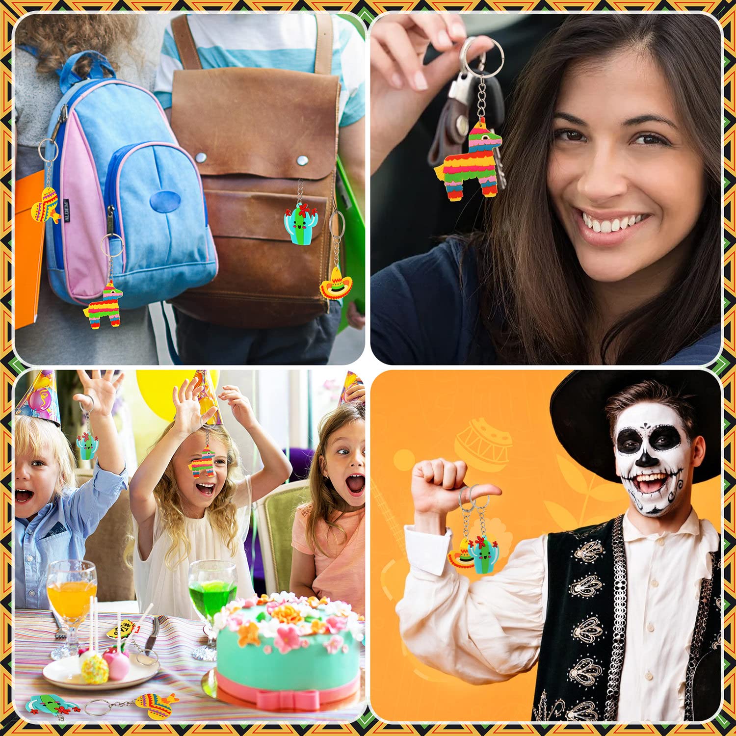Mexican Fiesta Keychains - Cinco De Mayo Donkey Maraca Sombrero Taco Guitar Cactus Keychains