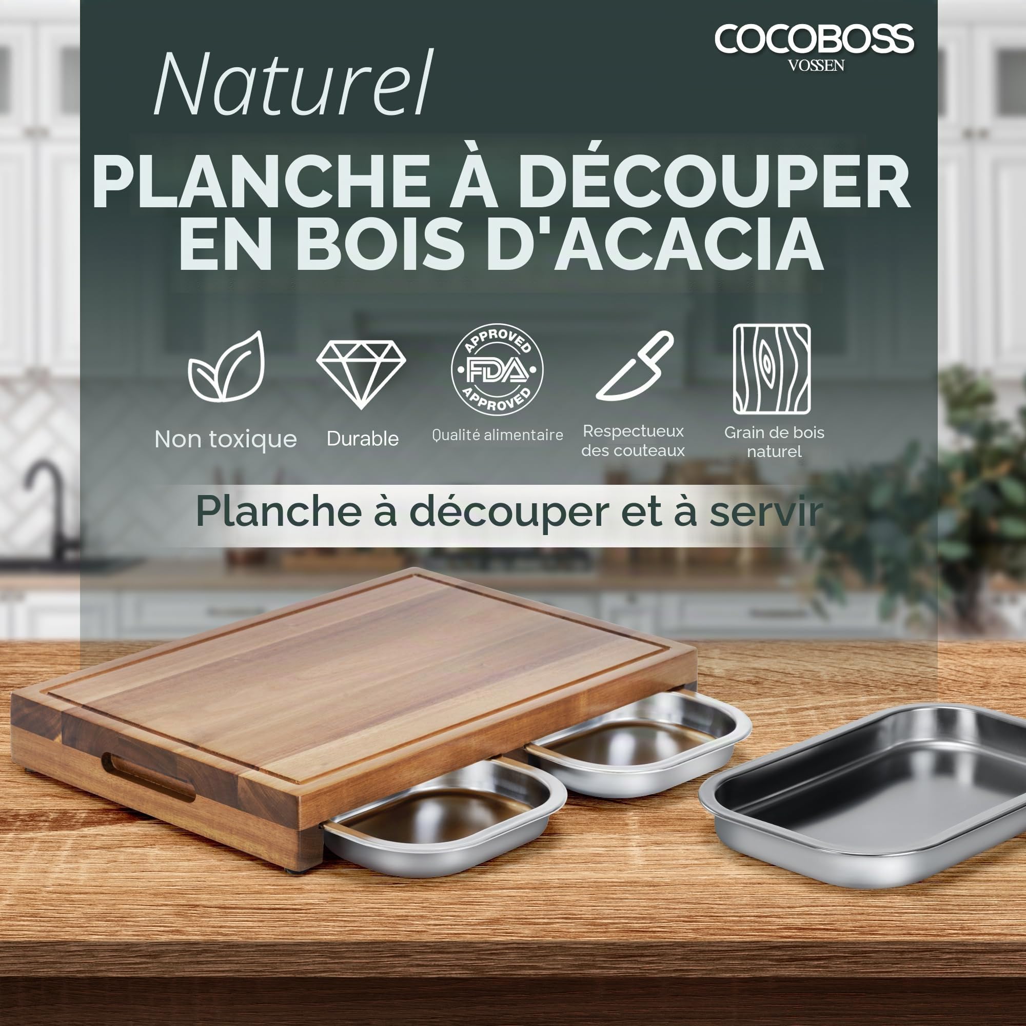 Planche à découper en bois d'acacia avec bac de récupération - 44,5 x 30 x 6 cm - Planche à découper en bois d'acacia avec 3 bacs de récupération - Grande planche en bois de cuisine
