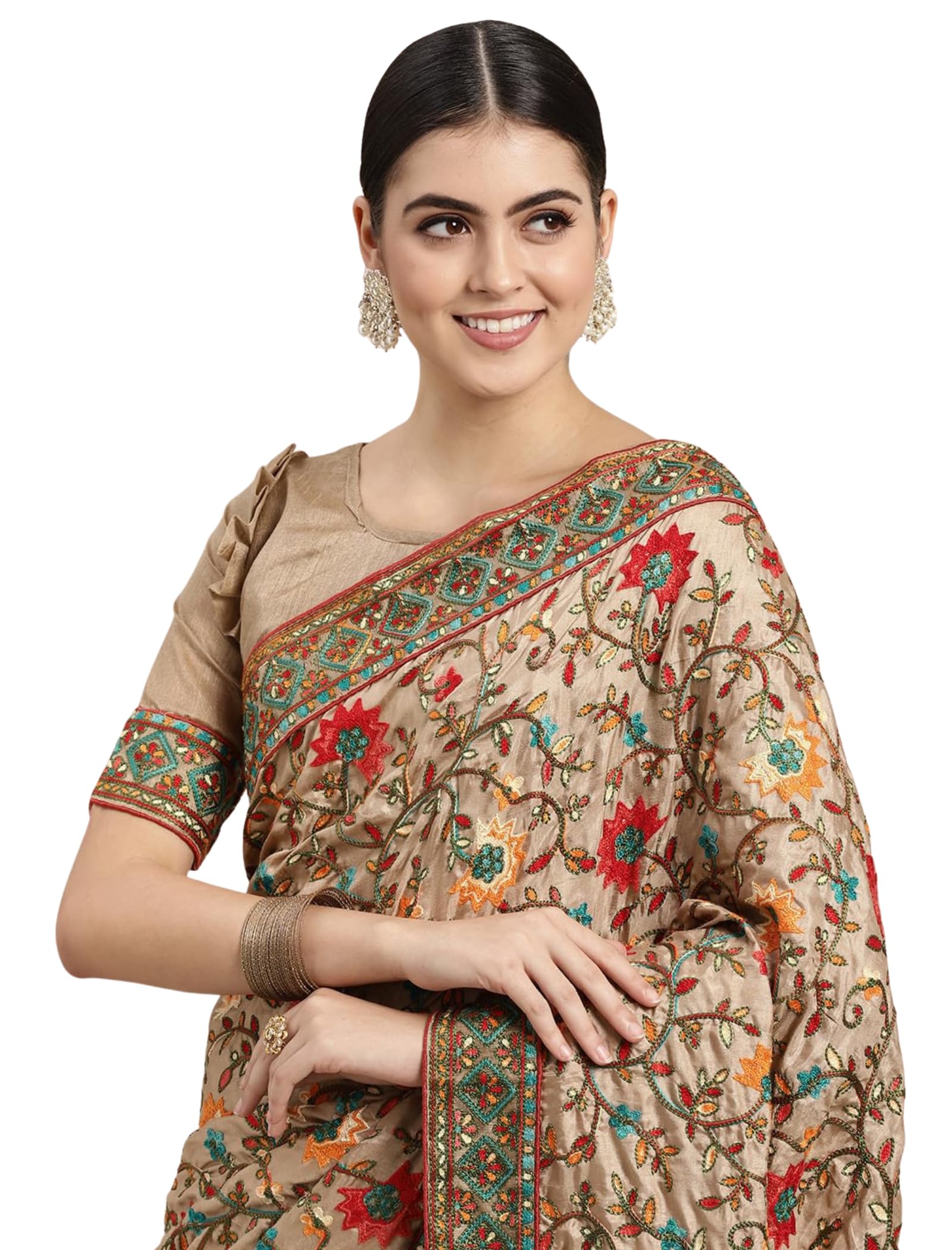 Women Cream Dolla Silk Embroidery Saree - Elegant Design, Intricate Embroidery, Soft and Comfortable Fabric, Perfect for Weddings, Parties, and Special Occasions, Stylish and Trendy-image-47