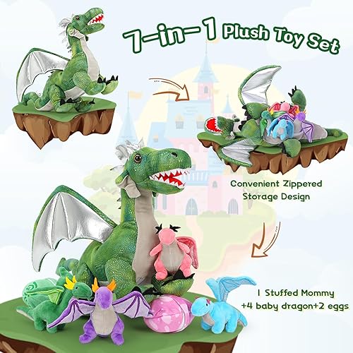 Miniatura 6 de Tezituor 7 piezas de animales de peluche de dragón, 22 pulgadas, mamá dragón de peluche con 4 dragones bebé y 2 huevos, juguetes de dragón de
