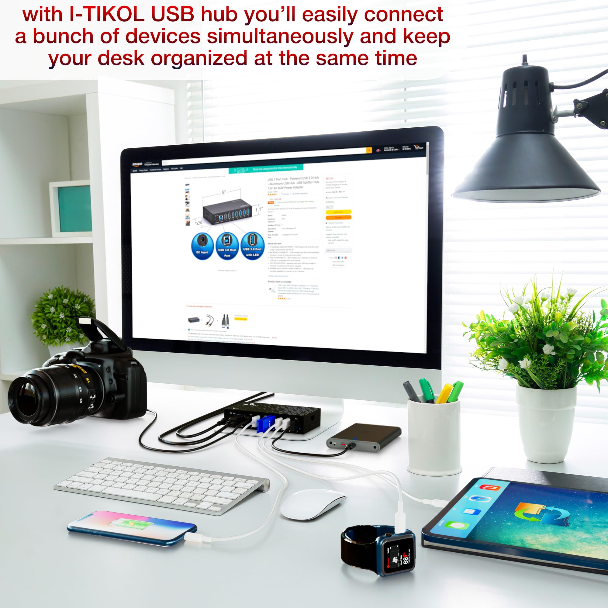 Hub USB 3.0 a 7 porte - Hub USB alimentato - Splitter USB multiplo con adattatore di alimentazione integrato da 12 V/3 A/36 W - Sincronizzazione fino a 5 Gbps e trasferimento dati ad alta velocità -