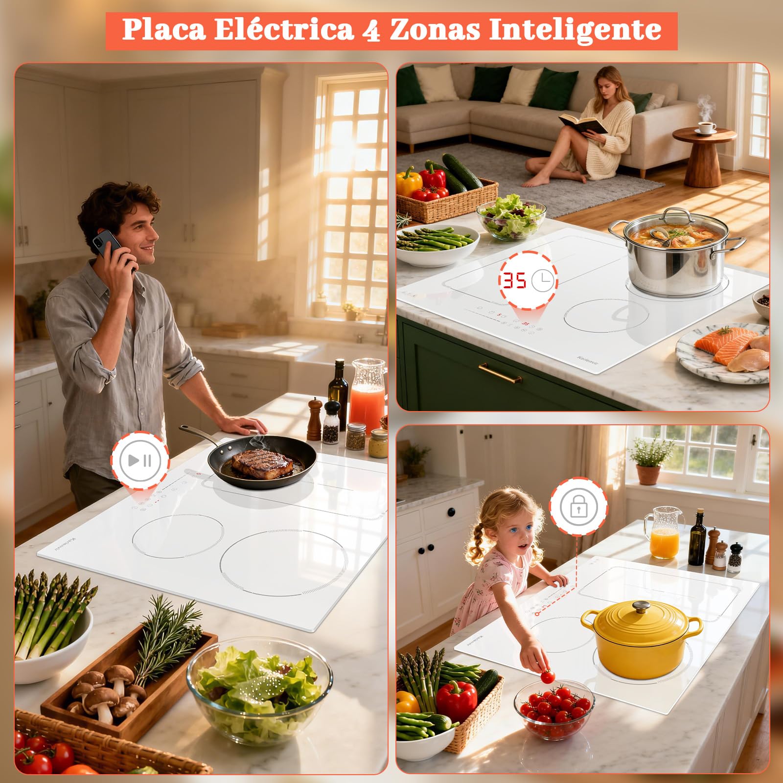 Placa Inducción 4 Fuegos con Zona Flexible y Enchufe, Placa Induccion Empotrable 60 cm con Boost, Vitroceramica Induccion con Pantalla Táctil, Bloqueo de Seguridad, Pausa, Temporizador, Blanca