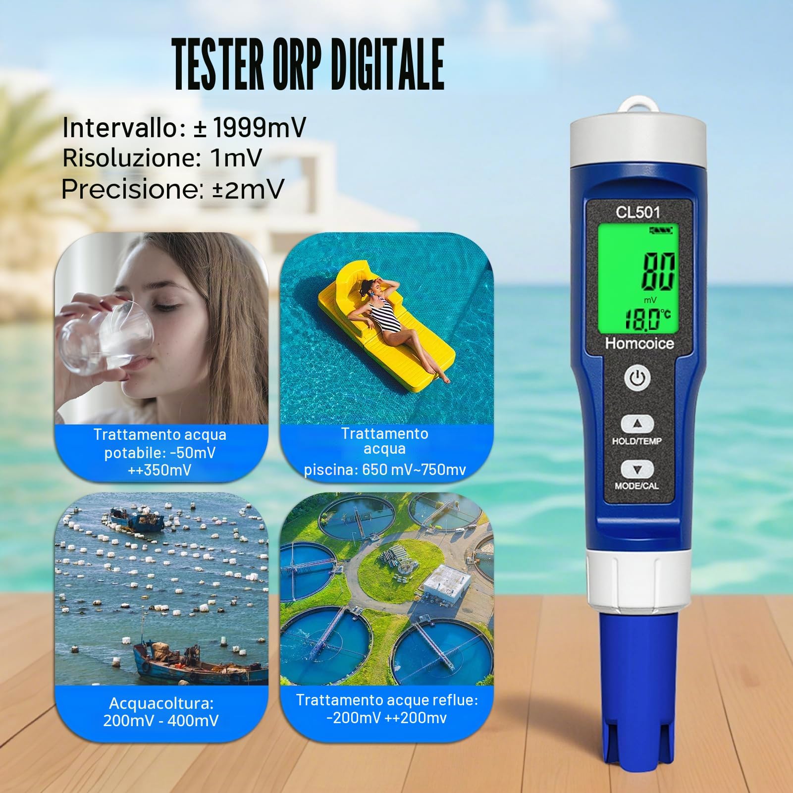 Misuratore pH Cloro Piscina 5 in 1, misurazione accurata pH Cloro ORP H₂ (ricco di idrogeno) Temperatura Meter, Tester Qualità Acqua per acqua potabile, acquario, idroponica