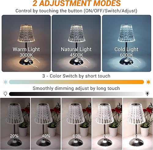 Miniatura 5 de Lámpara de mesa inalámbrica, lámpara recargable de 4000 mAh, 3 modos de color y lámpara táctil LED regulable continua, lámparas portátiles de metal