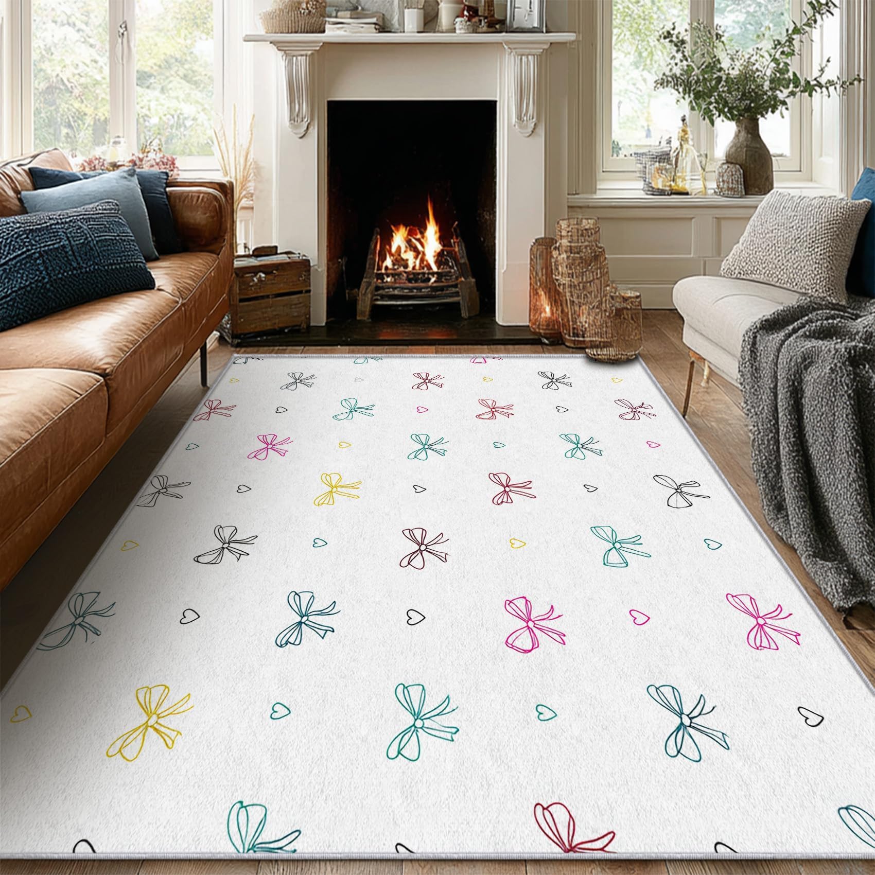 Tapis imitation cachemire doux 90x180cm blanc motif nœud coloré pour cuisine