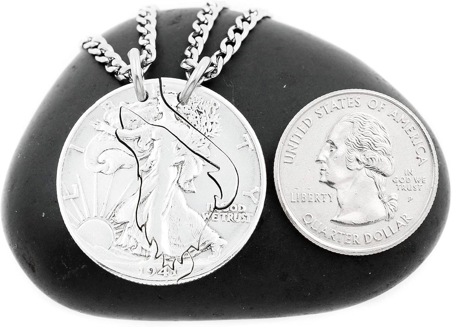 Howling Wolf Necklace, His and Hers Matching Couples Jewelry, Hand Cut Coin, By NameCoins