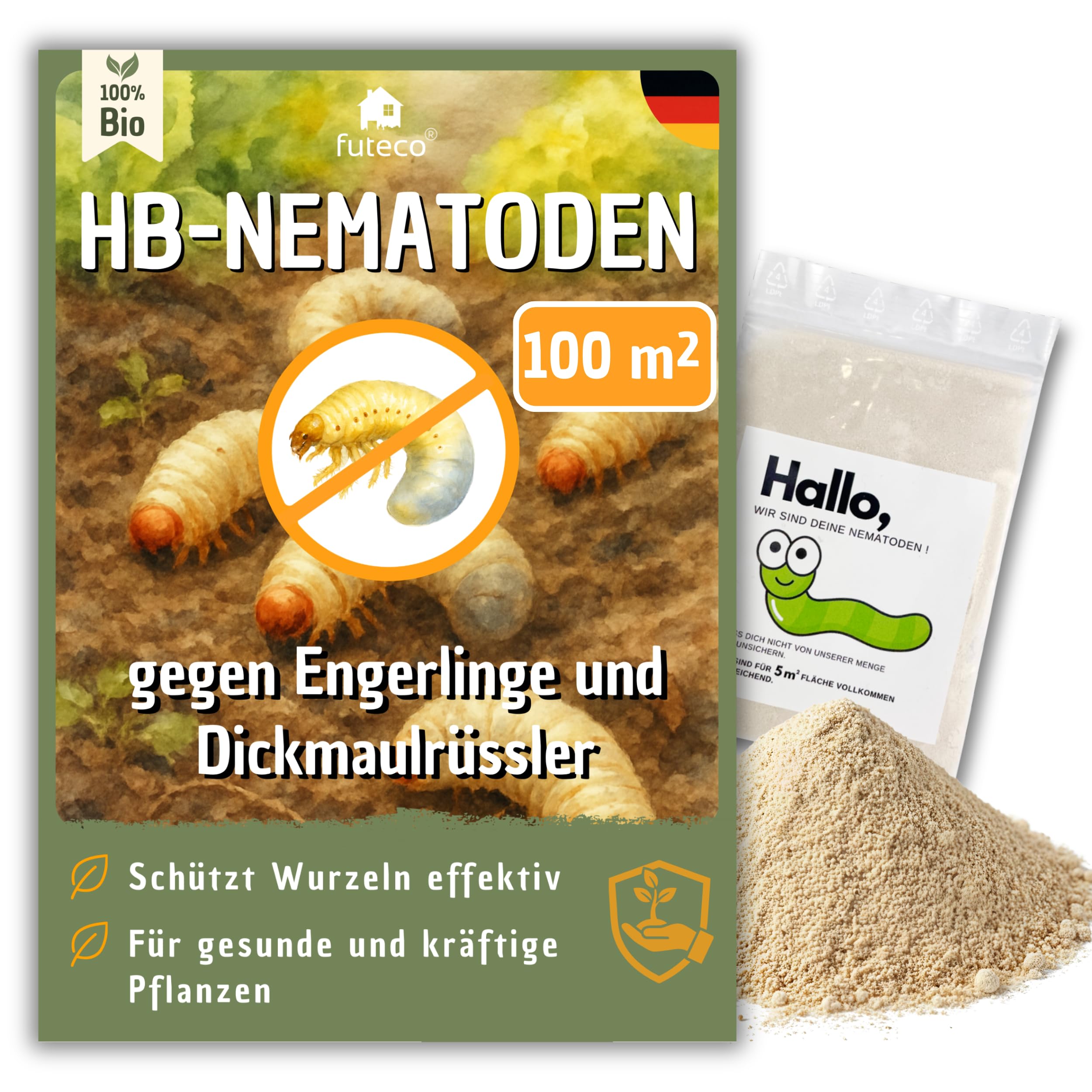 Futeco® – HB-Nematoden gegen Dickmaulrüssler & Engerlinge – für 10m² Fläche – zum einfachen gießen – 100% Biologisch, Chemiefrei & Natürlich – Made in Germany