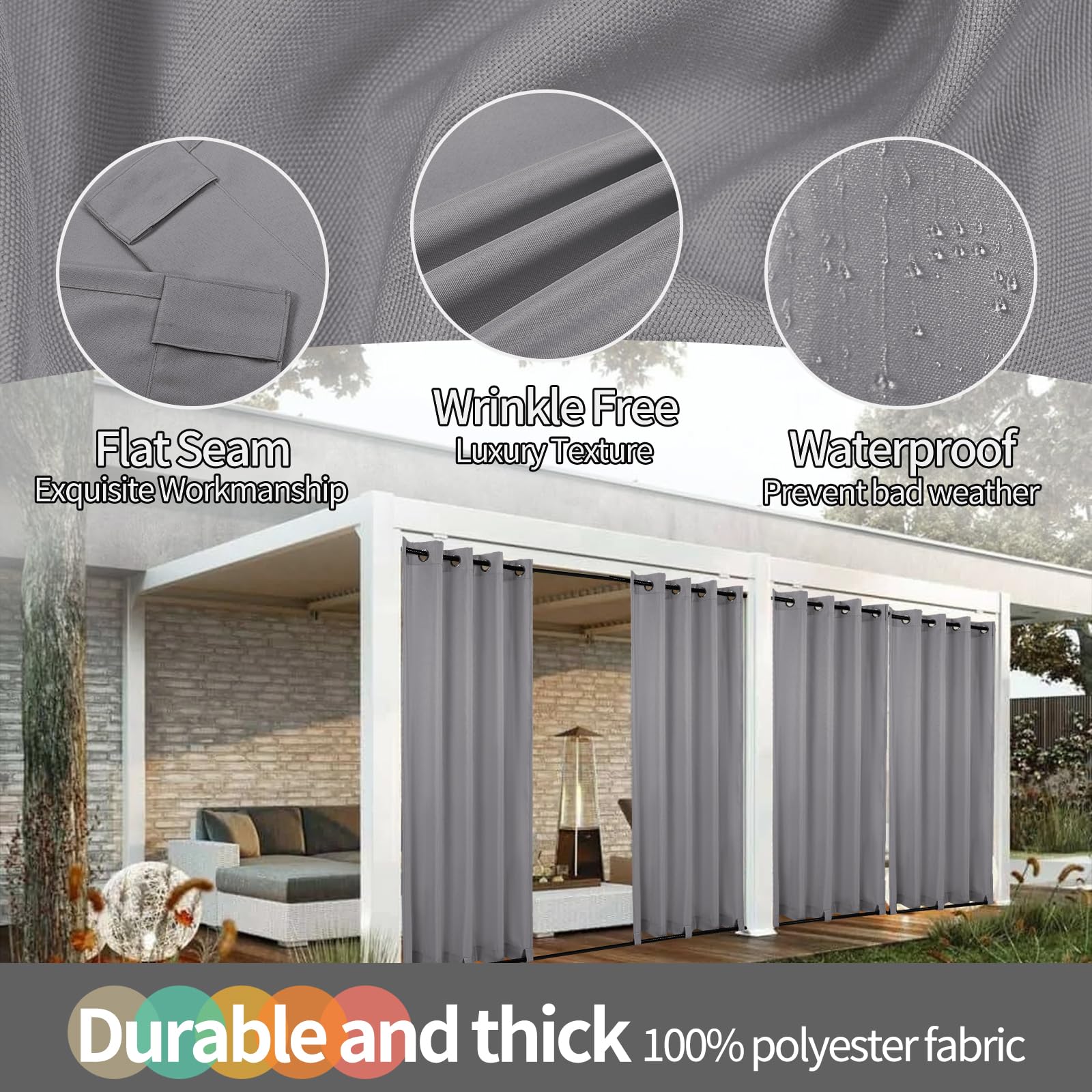 Teruntrue 2 Stücke Outdoor Vorhang Wetterfest mit Ösen, Outdoorvorhänge Balkon Vorhang Terrasse Vorhänge Outdoor Gardinen Sonnenschutz & Sichtschutz Vorhänge mit Schlaufen Unten, H213 x B254 cm, Grau