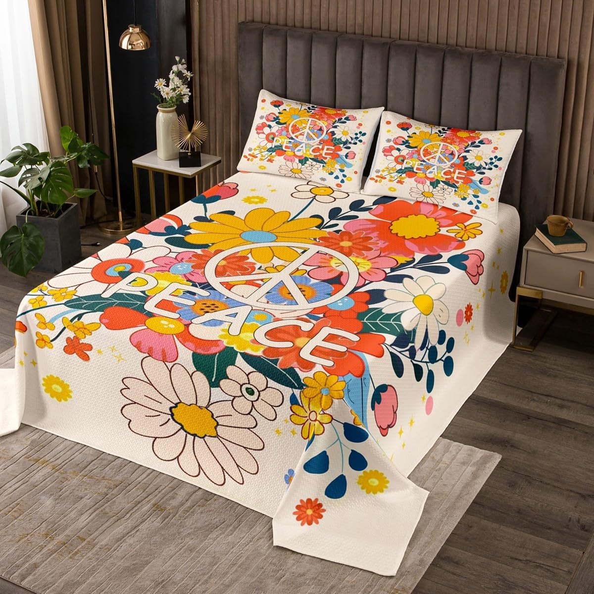Rainbow Striped Bedding Set Twin Size,Vintage Hippie Music Style Bedspread 2Pcs for Kids Girls Boys Teens Room Decor,Boho Mushroom Comforter Set Fashion Lip Print Quilt Coverlet,1 Pillowcase