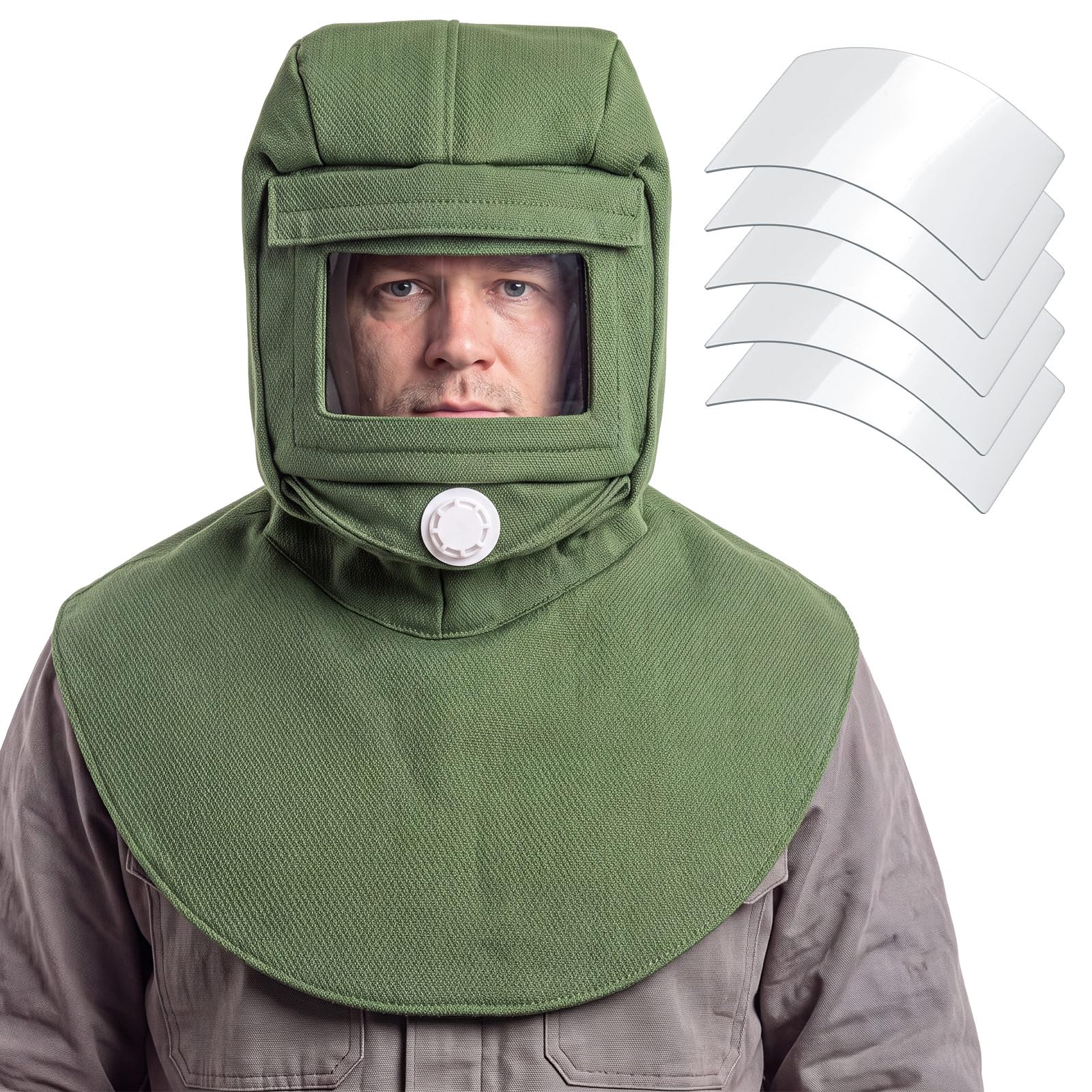 Jecery Paquete de 6 máscaras de capucha para chorro de arena con lente de policarbonato de repuesto para pulir pintura, polvo y molienda (corto, verde)