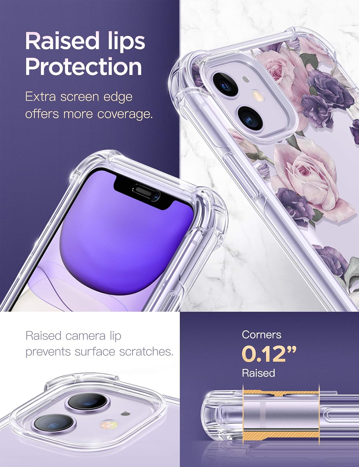 GVIEWIN Floden Series iPhone 11 Case 6.1 Inch 2019, [Built-in Tempered Glass Screen Protector] Full-Body Clear Flower Rugged Bumper Shockproof Protective Phone Cover (Rose/Pink)