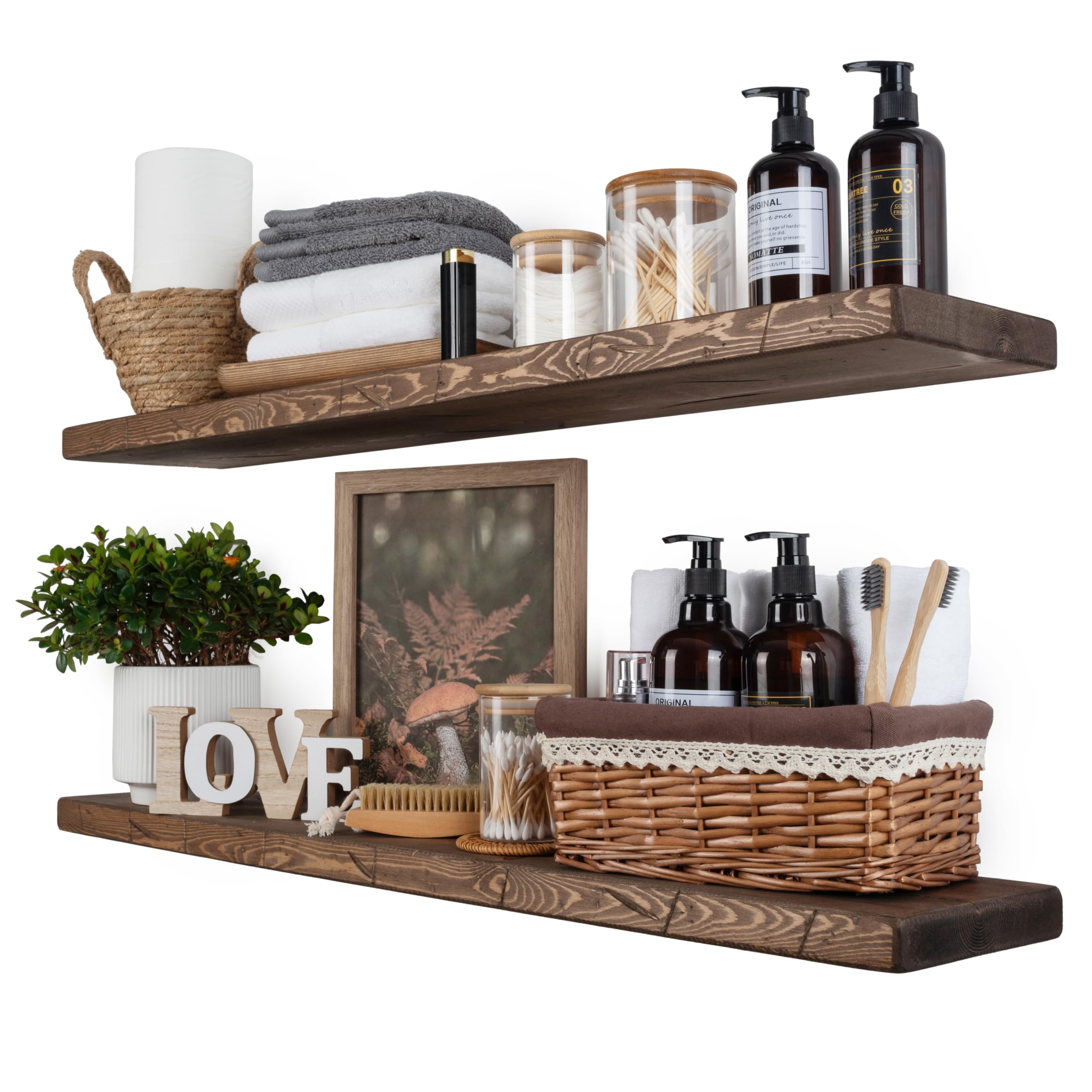 Floating Shelves 36 inch Long, Distressed,Wide Rustic Wooden Wall Shelves for Bathroom Living Room Bedroom Kitchen Farmhouse Set of 2-36x6.7x1.25 inch-Distressed Walnut