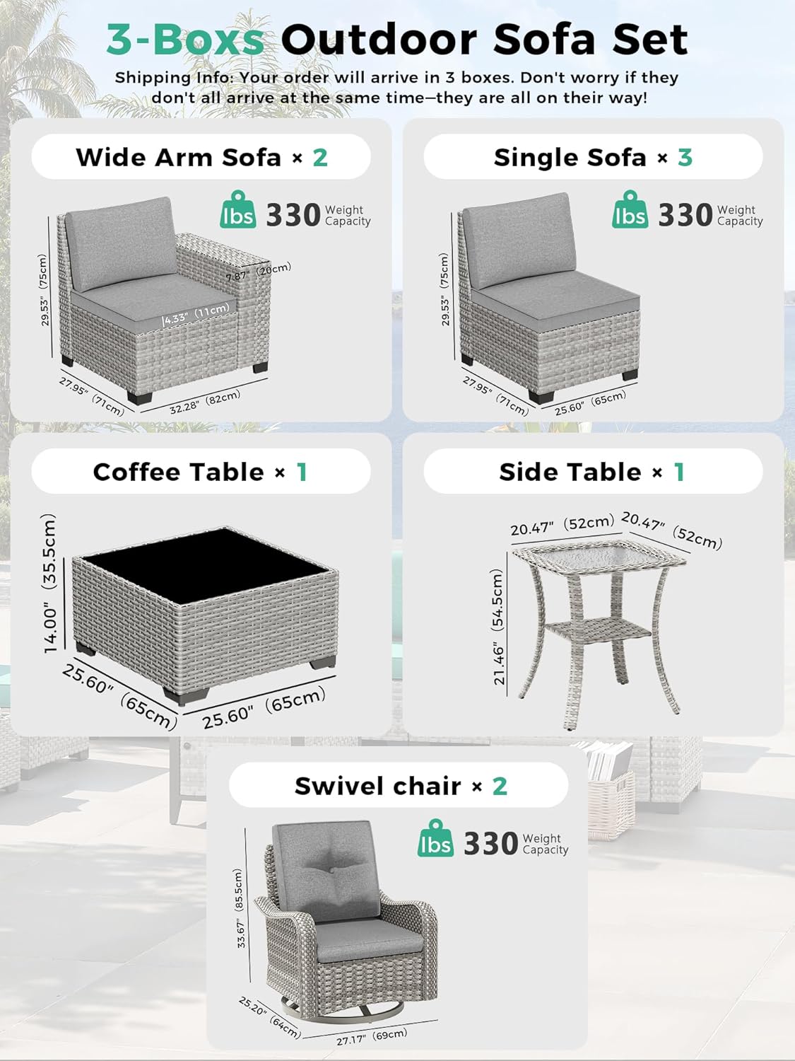 9 Piece Outdoor Patio Furniture Set with Swivel Chairs, 7-Seats Wicker Sectional Sofa Set with Thickened Cushions & Coffee Tables for Garden, Backyard, Porch, Gray