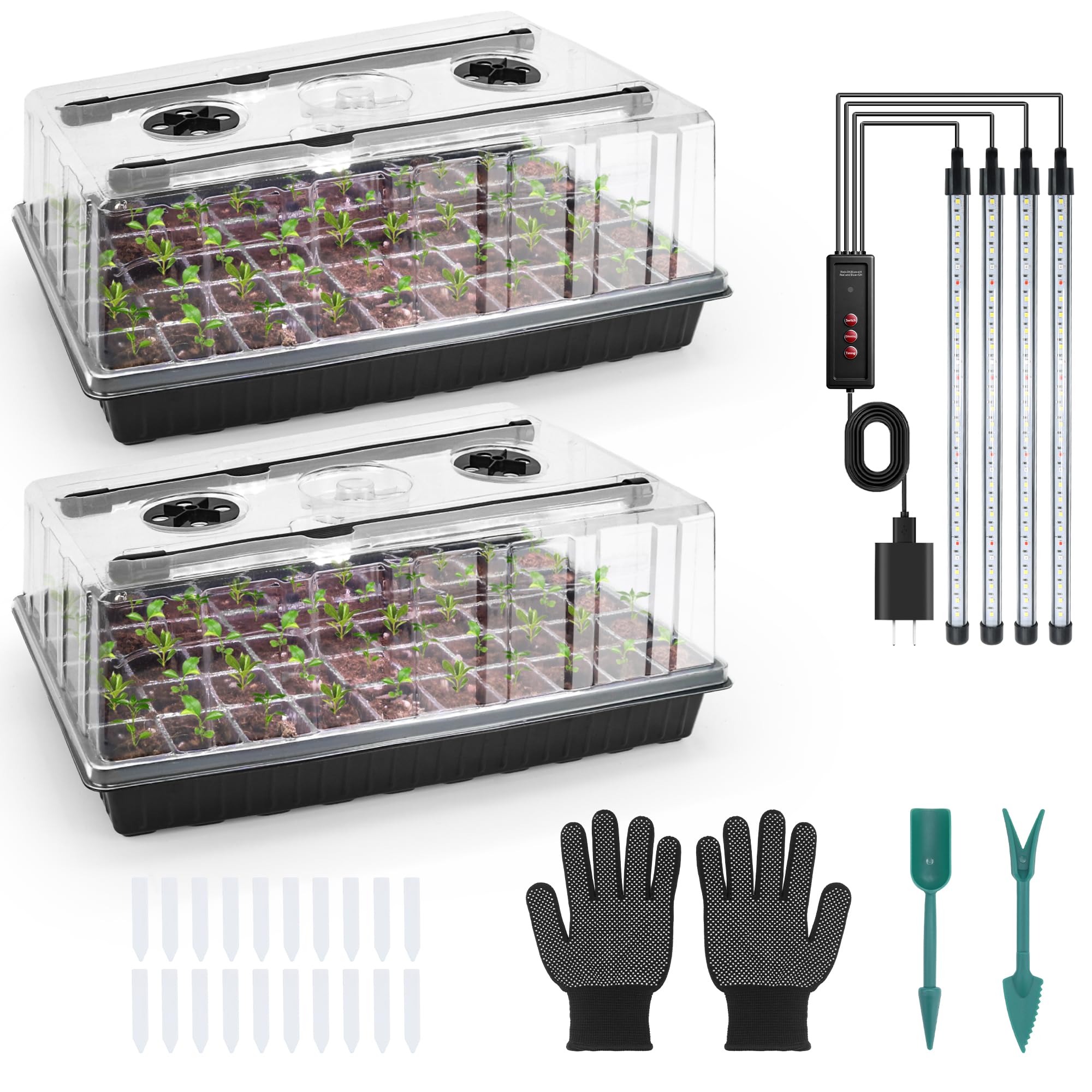 Mulctun Bandeja de inicio de semillas de 120 celdas con luz de crecimiento, bandejas de inicio de plántulas con cúpula de humedad de 4.1 pulgadas, bandejas de germinación de plantas de riego