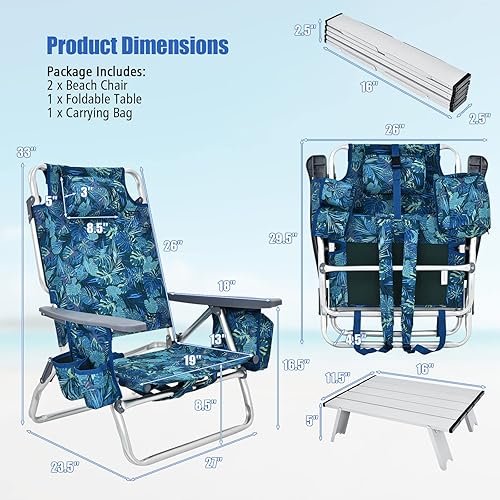 Miniatura 3 de Tangkula Paquete de 2 sillas de playa de mesa, ajustables en 5 posiciones, plegables ligeras, color azul marino