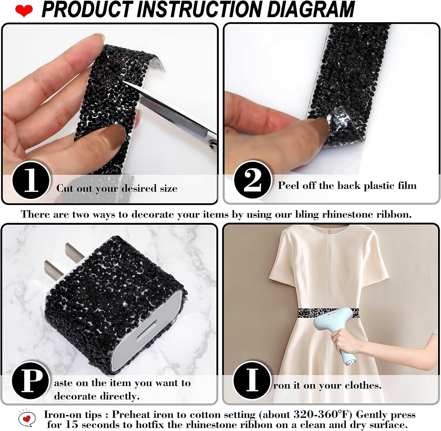Locacrystal Bling Crystal Resin Rhinestone Diamond Ribbon,Self-Adhesive Iron-on DIY Glitter Gem Stickers for Crafts Cars Clothing Decoration 12yards Black