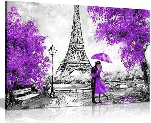 París pintura al óleo de la reproducción de la torre Eiffel paraguas púrpura lienzo pared arte impresión imagen decoración del hogar 31x20cm (12x8in)