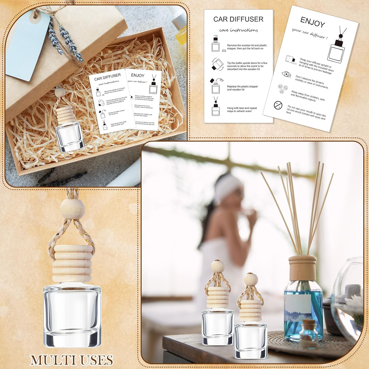 100 Sets Car Diffuser Bottles Empty Bulk Hanging Car Air Freshener Diffuser Bottles Glass Perfume Holder with Instruction Cards for Essential Oil Valentines Birthday Gifts (Cylindrical) - Image 6