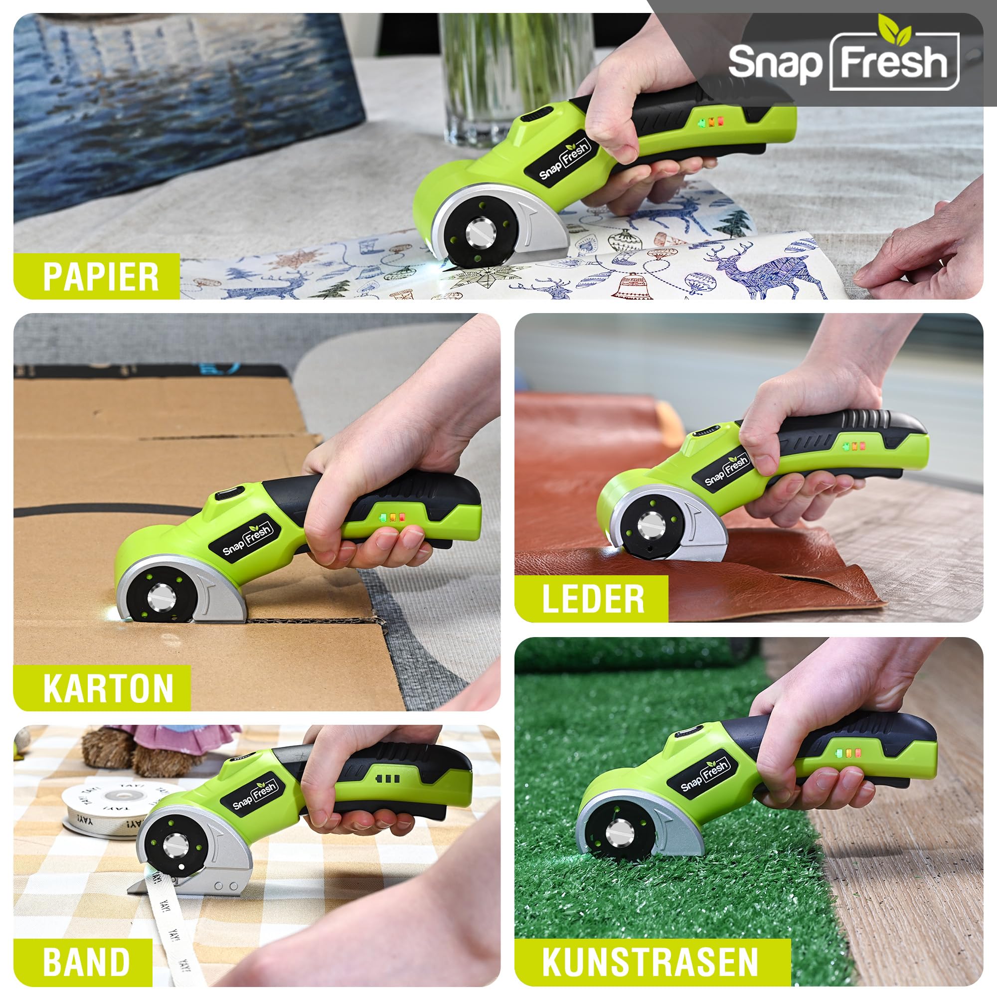 SnapFresh Kartonschneider Akku Elektrische Schere Rollschneider Kabelloser Universalschneider mit 2 Selbstschärfenden SKS7-Klingen & LED-Licht – Schneidet Karton, Papier, Teppich, Leder, Filz, PVC