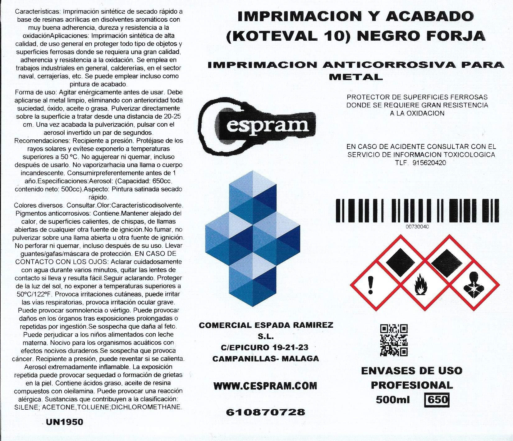 Imprimación anticorrosiva para metal en dos colores, negro y verde. Koteval 10 Negro/Verde. Envase de 5 kg/10 kg/30 kg (VERDE, 10)