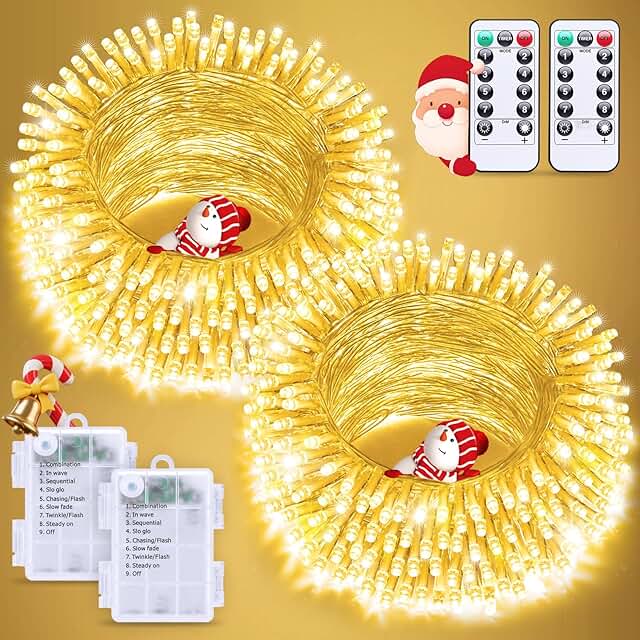 JMEXSUSS 2 Pack Battery Operated Christmas Lights with Remote, Total 66f...