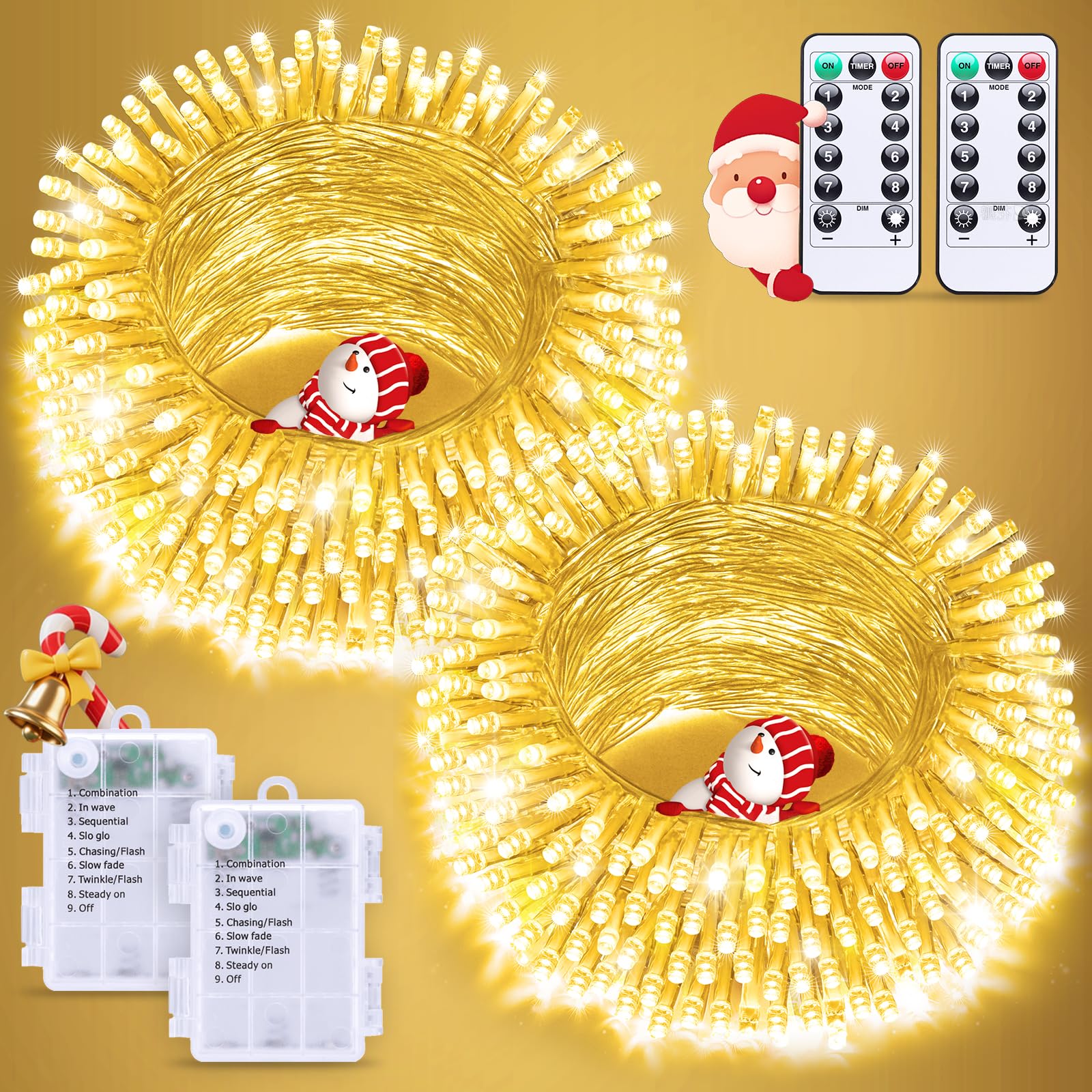 JMEXSUSS 2 Pack Battery Operated Christmas Lights with Remote, Total 66ft 200 LED Battery String Lights Outdoor Indoor, Warm White Twinkle Light for