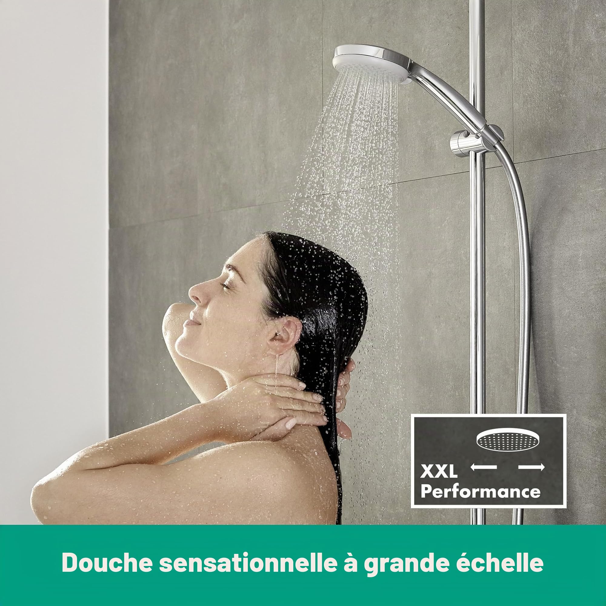hansgrohe Croma 100 - Pommeau de douche économie d'eau avec 9 l/min (EcoSmart), Douchette à main avec 4 types de jet, Douchette ronde (diamètre 100 mm), Chromé, 28537000