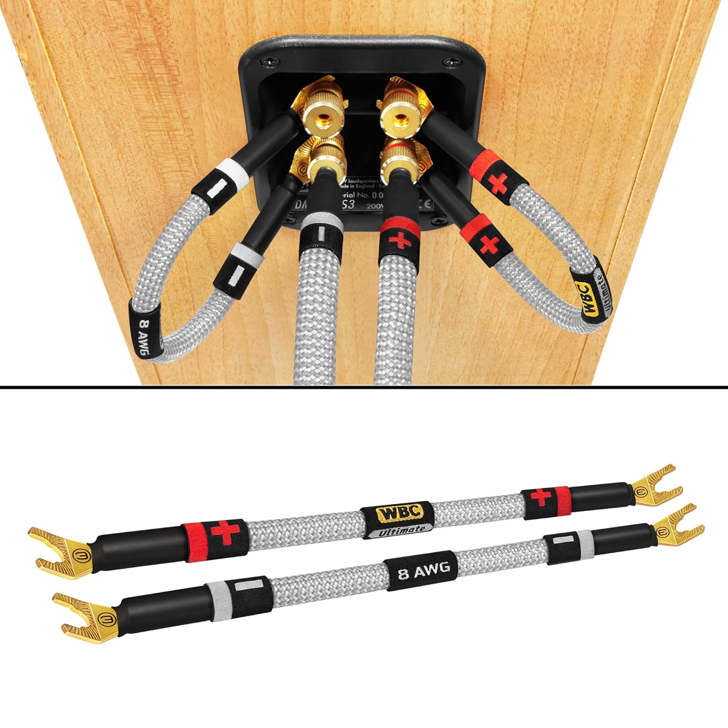 WORLDS BEST CABLES 4 Units - 6 Inch Ultimate - 8 AWG - Ultra-Pure OFC - Premium Audiophile HiFi Speaker Jumper Cables with Eminence Gold Spade Plugs & Silver Tweed Jacket