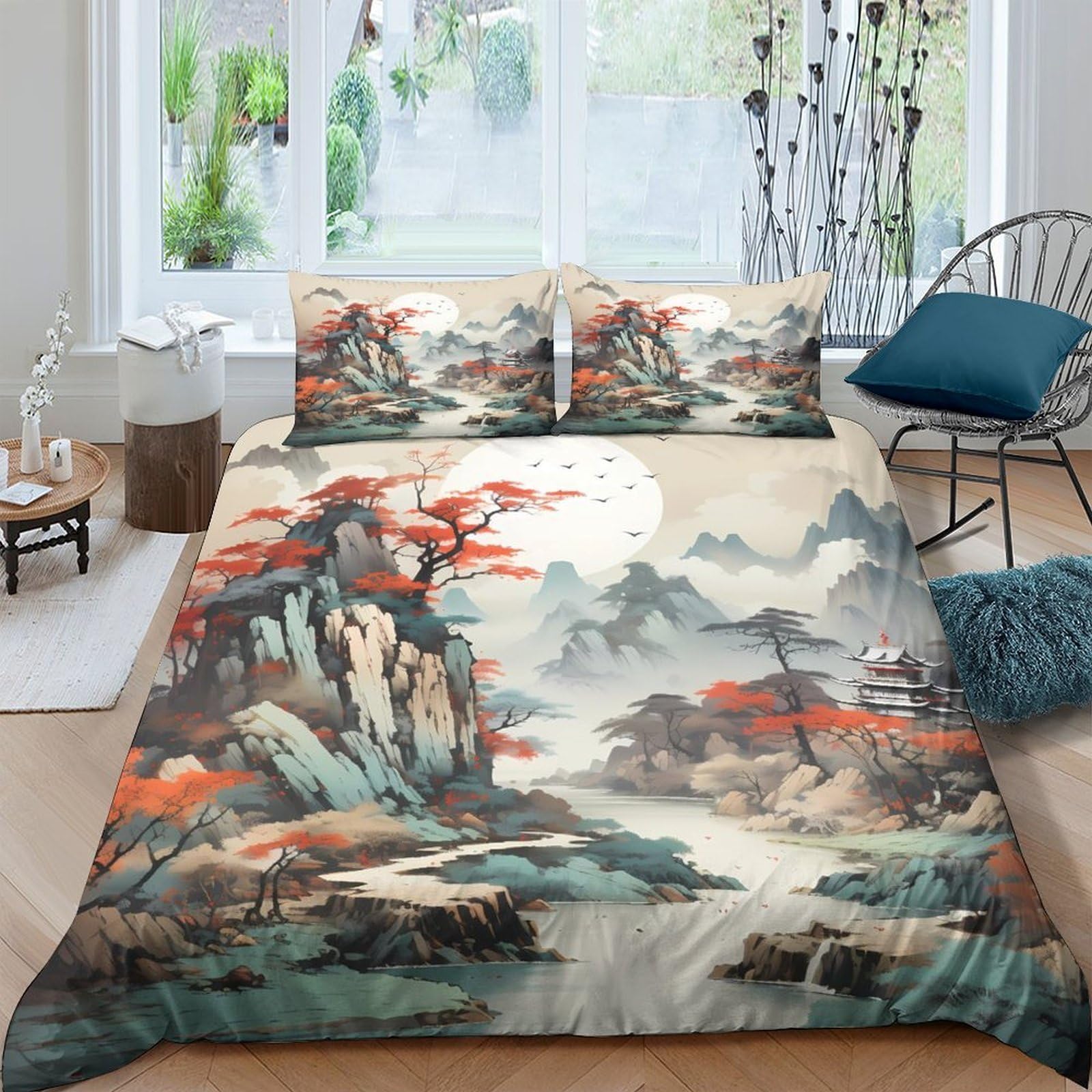 Ctjqhvkz Style-9 3D Printed Chinese Landscape Fitted Sheet Microfiber Soft Breathable Ink Mountain Mattress Cover For Bedroom Decor Single（135X200cm）