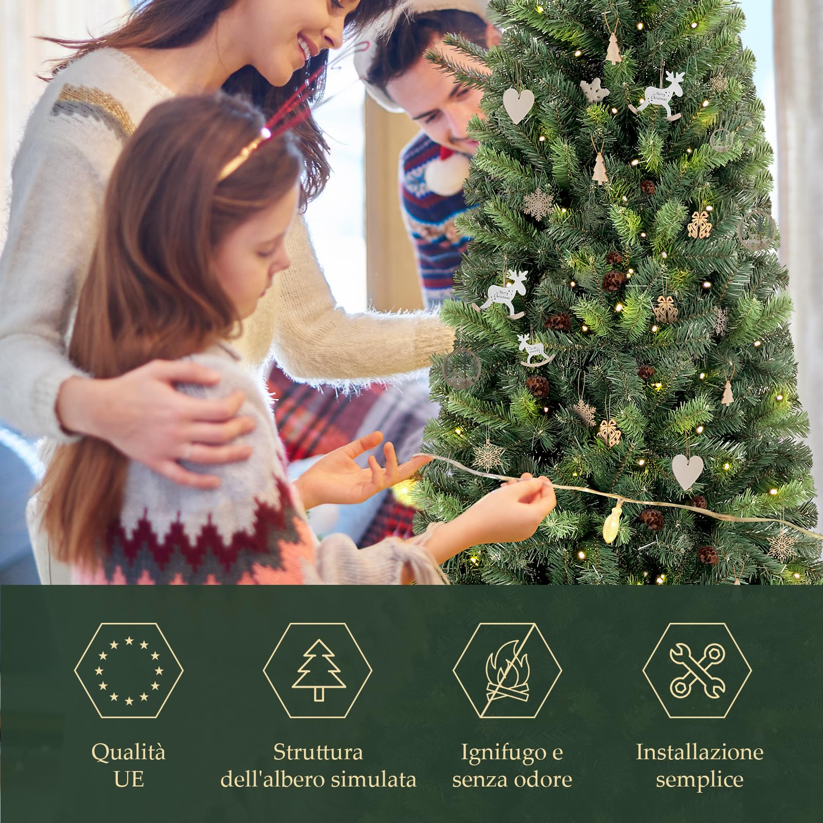SALCAR Albero di Natale Slim Artificiale 180 cm, Abete di Natale con Guanti e 618 PVC Punte per Rami, Supporto in Metallo, Montaggio Rapido, Ignifugo