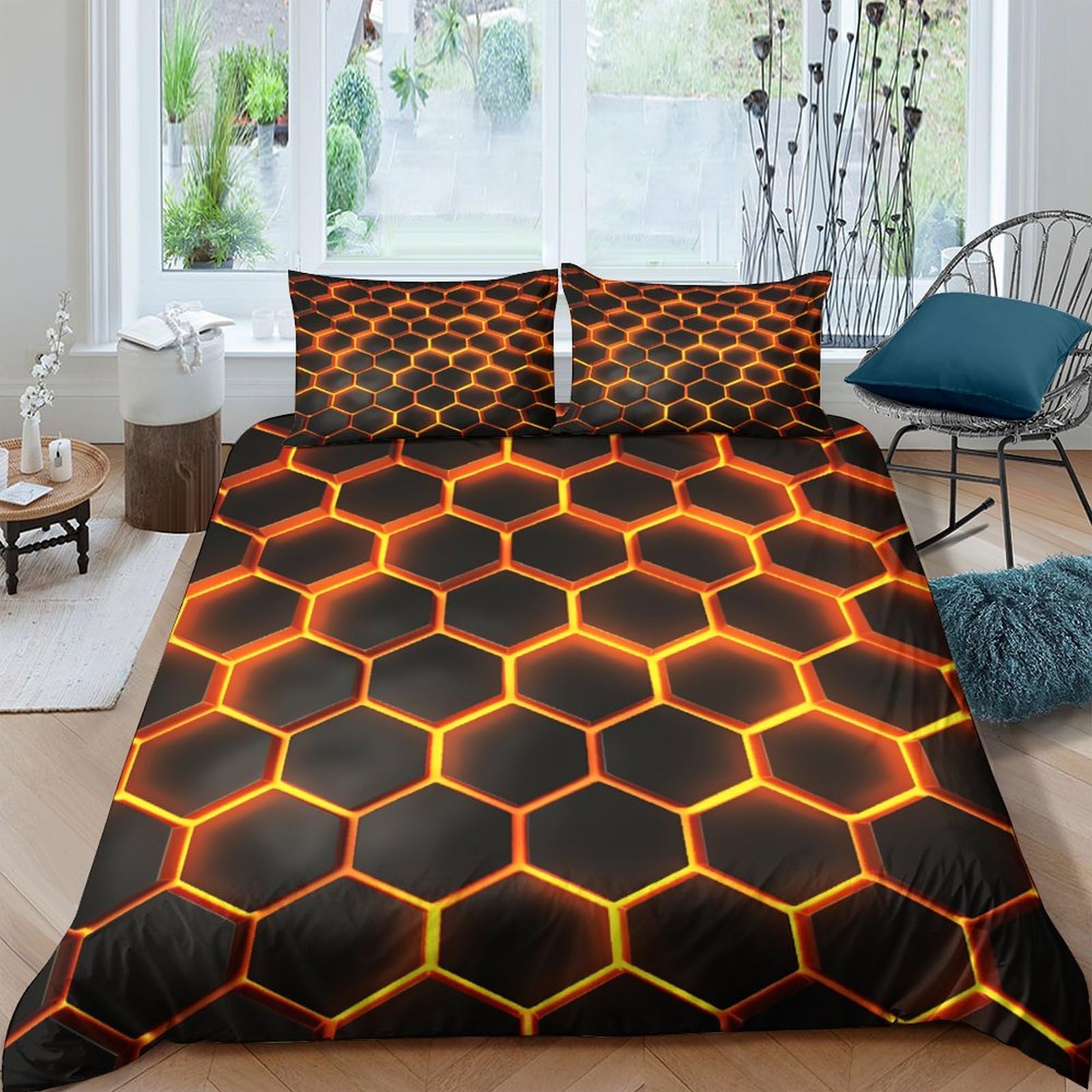 Housse de couette 3D motif hexagonal en microfibre hypoallergénique haute densité King