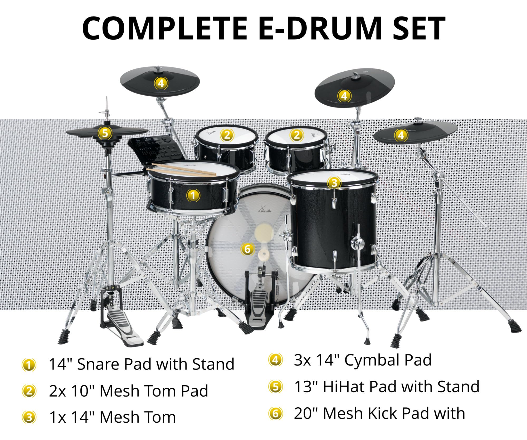 XDrum DD-670 Mesh E-Drum Kit - elektronisches Schlagzeug mit echter HiHat und Holzkesseln - 14" Snare-Pad und 20" Kick-Pad - 720 Sounds, 20 Preset- und 20 User-Kits - inkl. Hardware - Black Sparkle