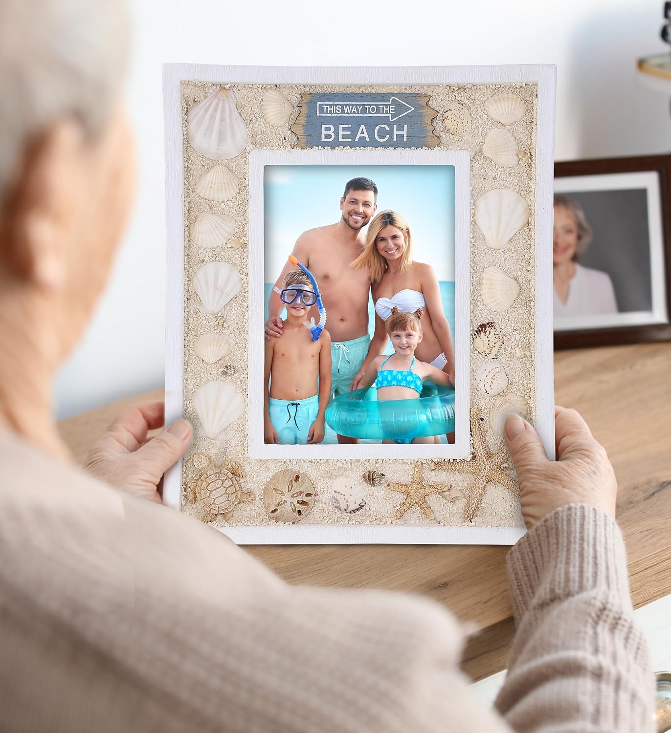 CoTa Global Oceanic Sea Turtle Photo Box - 5x7 White Wood Seashell Frame for Summer Memories, Handmade Tropical Sand Nautical Picture Frame - 11 Inch