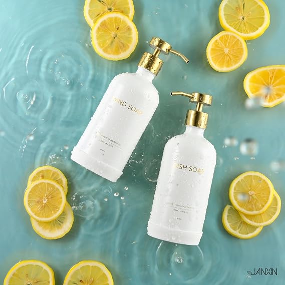 2pcs 500ml Glass Bottles, Washing Liquid Dispenser, Shampoo and Conditioner Bottles, Soap Dispensers, Pump Bottle Dispenser with Tray for Bathroom and Kitchen (White bottle + golden head)
