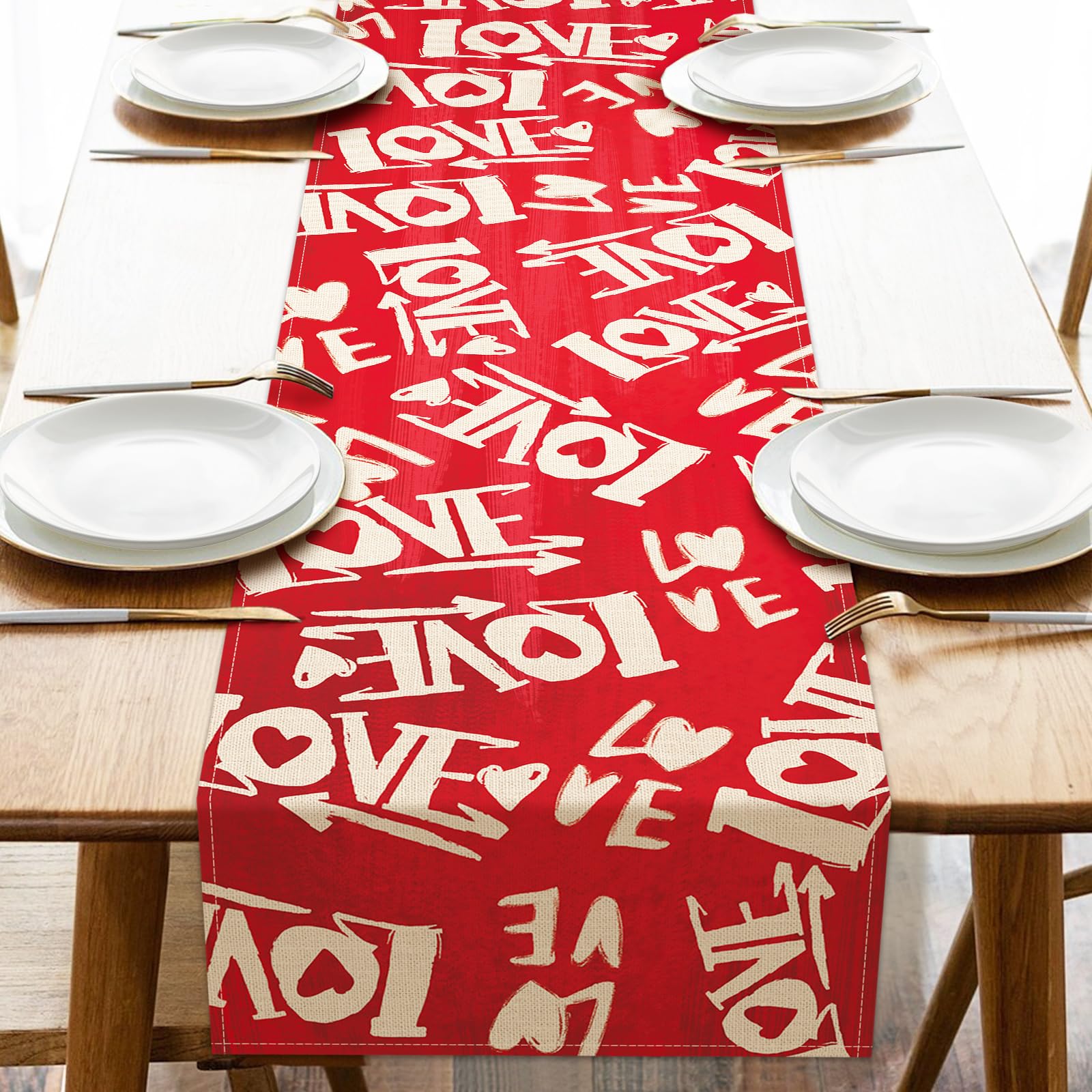 Seliem Valentine's Day Love White Table Runner, Red Love Hearts Arrows Scarf Kitchen Dining Table Decor, Wedding Anniversary Holiday Burlap Home Decoration Indoor Outdoor Party Supply 13x72 Inches โ image 1