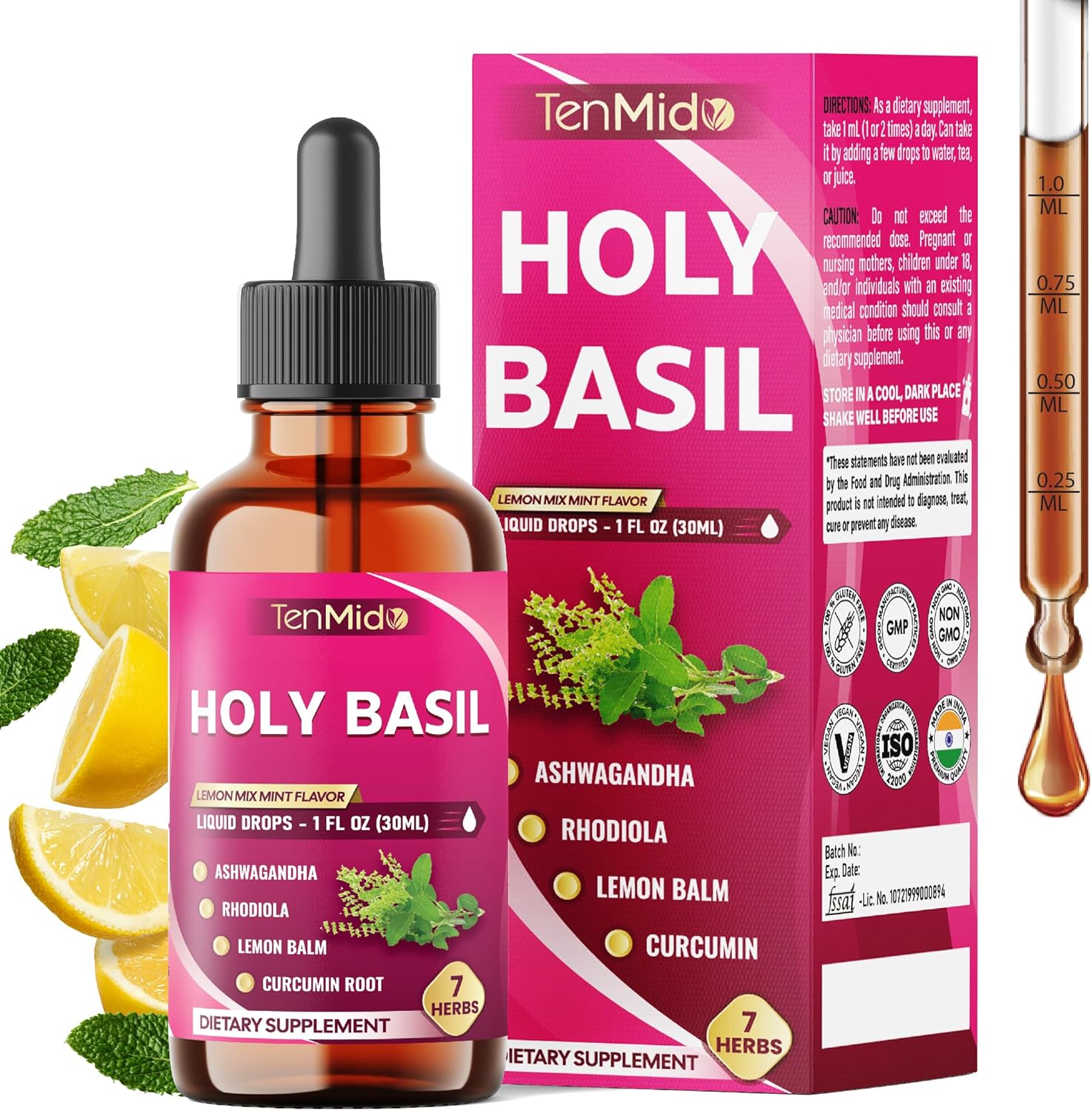 7in1 Holy Basil Tincture with Ashwagandha, Rhodiola Rosea, Lemon Balm, Curcumin, Saffron, and Black Pepper - Support Relaxation - 30ml 1 Fl Oz