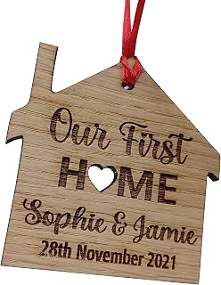 MadeAt94 Personalized Bauble Our First Home Wooden House Shaped Hanging Decoration Tree