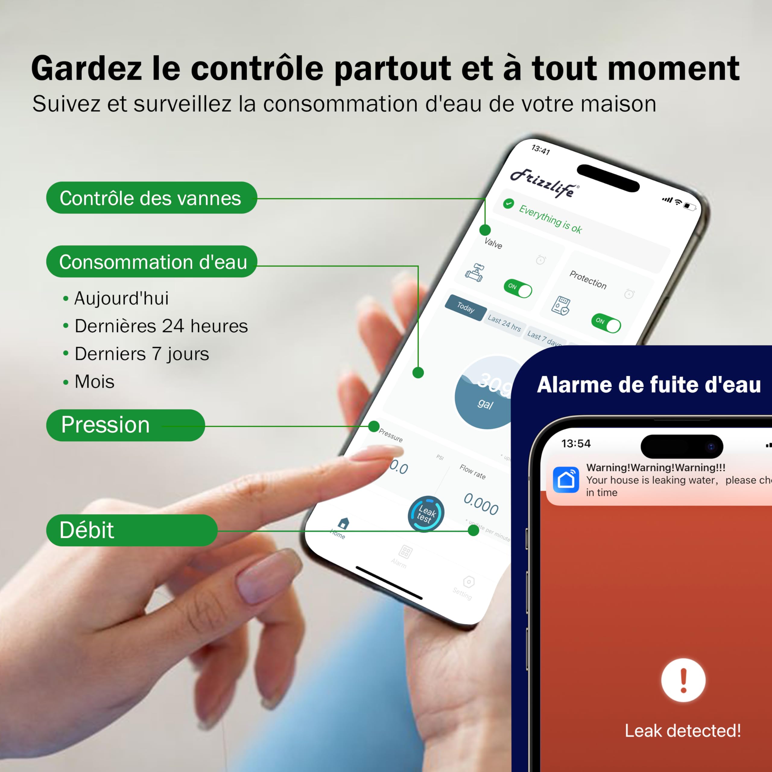 Frizzlife LP365-P Détecteur de Fuite d’Eau WiFi avec arrêt Automatique, alertes Via app (2,4 GHz & 5 GHz), capteur d’Eau pour Cuisine, Salle de Bain, Cave, Surveillance Pression, tuyaux 3/4" & 1"
