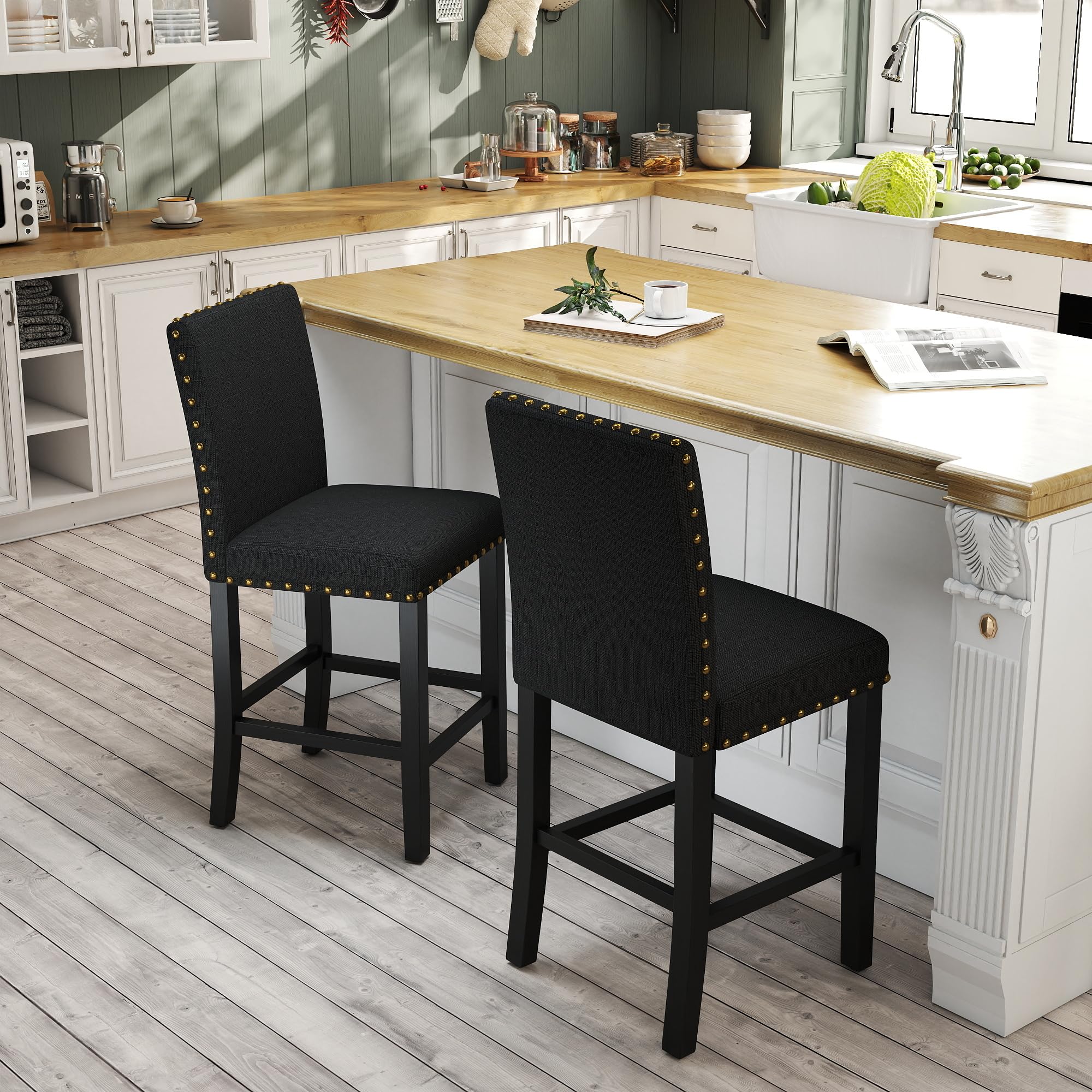 GOTMINSI Bar Stools Set of 2,Nailhead 24 Inches Counter Height Bar Stools for Kitchen Island Upholstered Barstools with Solid Wood Legs for Kitchen,