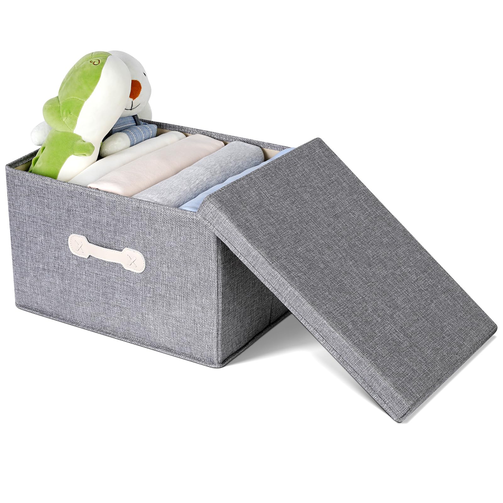 Cozary Caja de Almacenaje con Tapa y Manijas - Gran Capacidad de 30L, Plegable y Apilable para Ropa, Accesorios y Más - Gris - 40x30x25cm