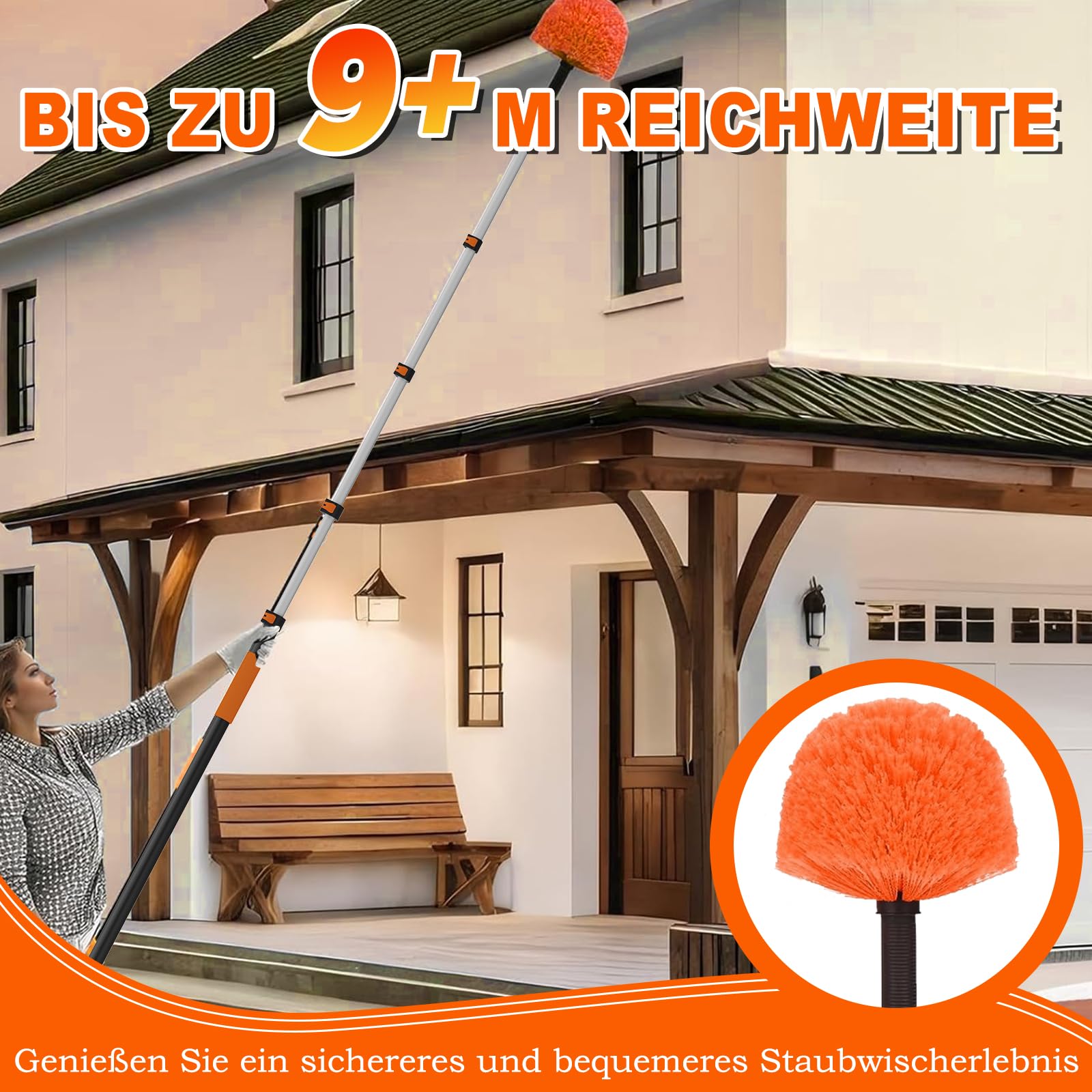 SISUPASSIE 9M Staubwedel Teleskop, Spinnenwebenentferner mit Teleskopstiel, ausziehbarer waschbarer Staubwedel für die Reinigung von Decken, Ecken und Möbeln