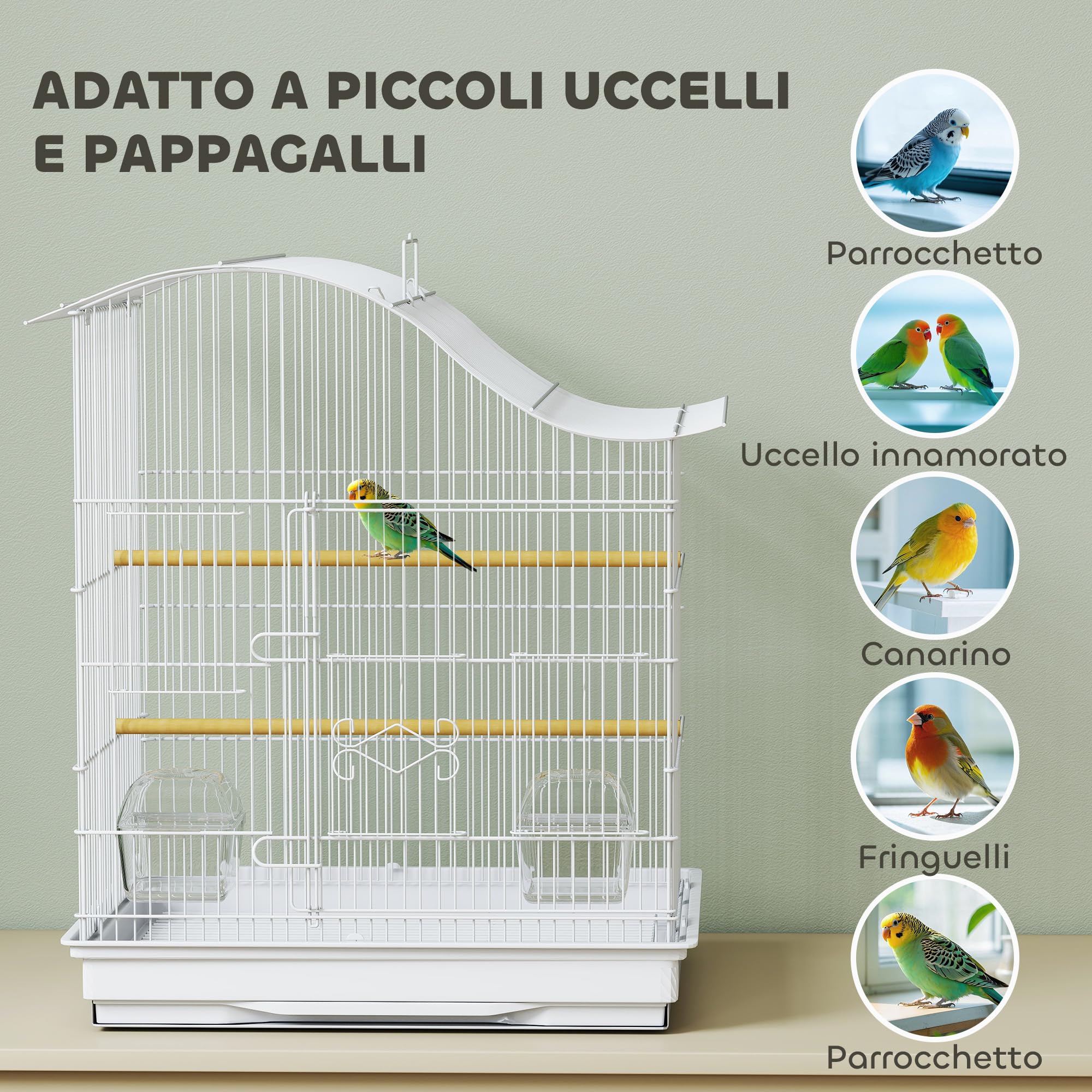 PawHut Gabbietta per Uccelli a 4 Ingressi con 2 Ciotole, 2 Posatoi e Vassoio Estraibile, Voliera in Metallo e Plastica, 47.5x36x54.5 cm, Bianco