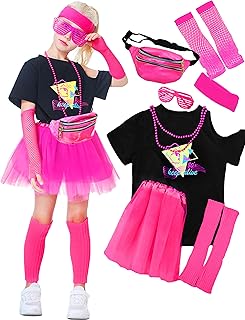 Yulefly Kids Multi Pcs 80s Costume Accessories Set, Party T-Shirt Tutu Fancy Outfits, for Cosplay 1980s Theme Retro Party for Girls