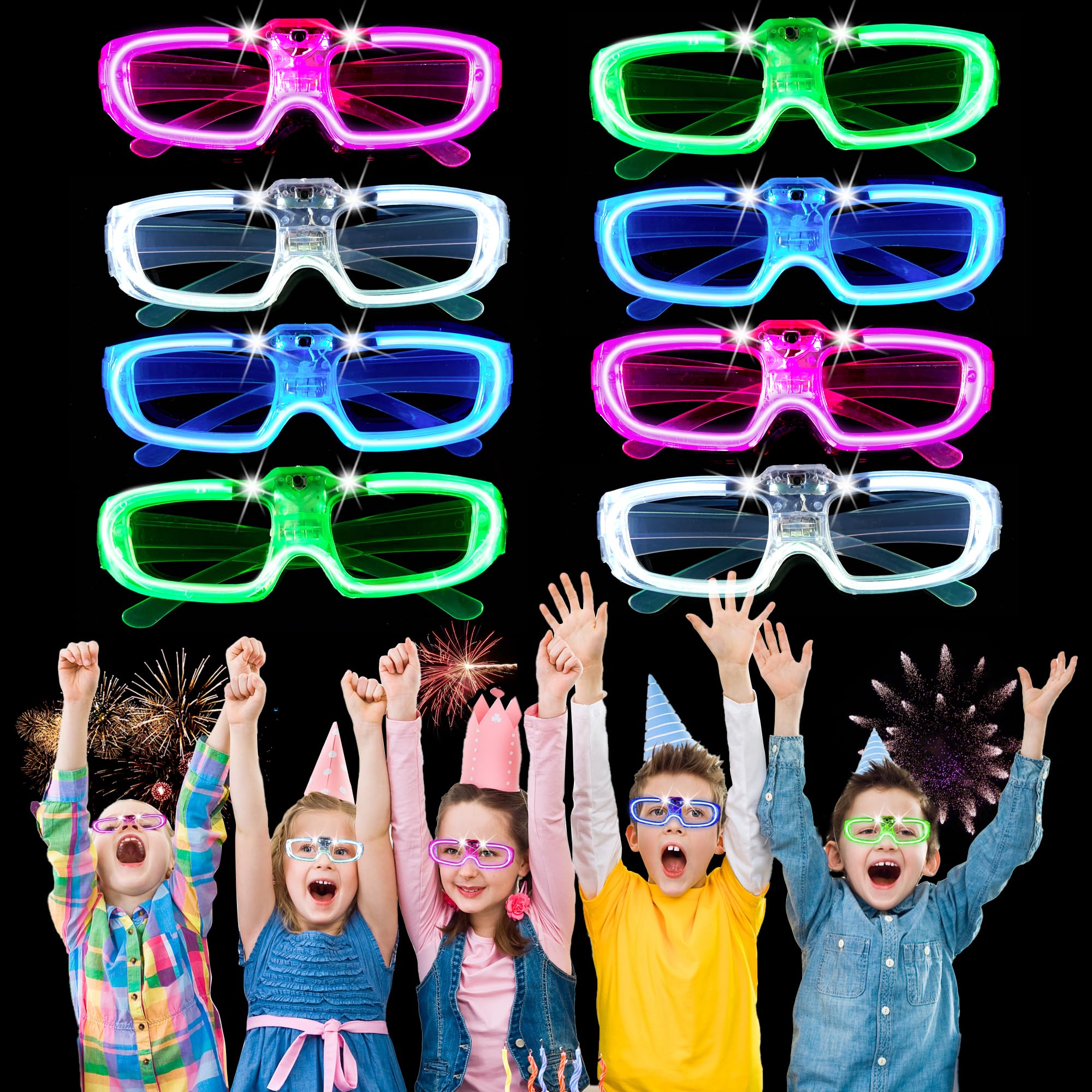 FQDVM Neon Glasses Party-8 PCS Led Glasses, Shutter Glasses Shades for Kids Adults, Glow in The Dark Party Accessories, 80s Rave Glow Glasses, Flashing Glasses Fun Party Supplies